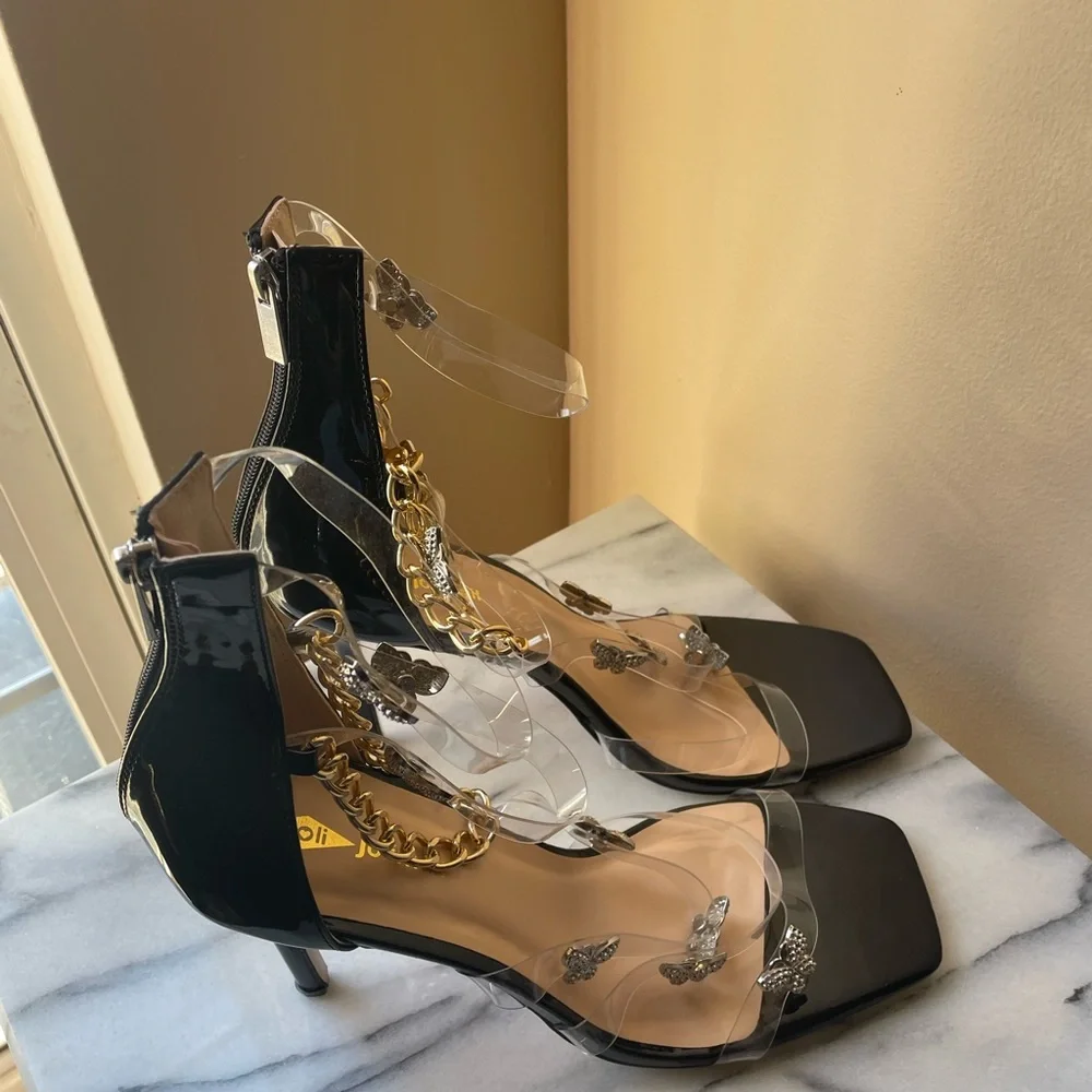 Black & Silver butterfly sandal with gold ankle chain. Stylish & sexy. NWOT - Picture 2 of 14